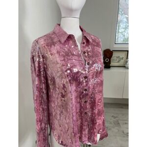 Anthropologie X Pilcro Pink Sequin Button Up Blouse Size L
